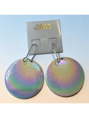 Iridescent Rainbow Disc Earrings • Large 1” Statement Dangles • Shiny Reflective